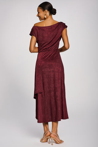 Asymmetrical Drap Textured Sheen Midi Dress, Burgundy