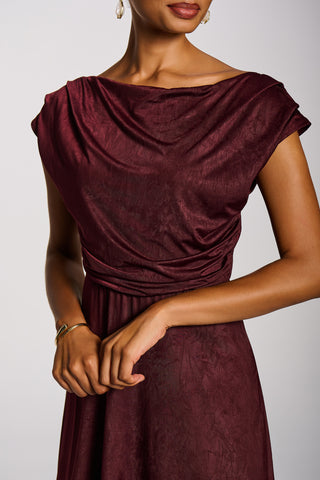 Asymmetrical Drap Textured Sheen Midi Dress, Burgundy
