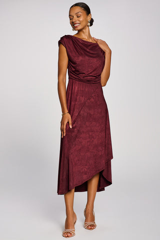 Asymmetrical Drap Textured Sheen Midi Dress, Burgundy