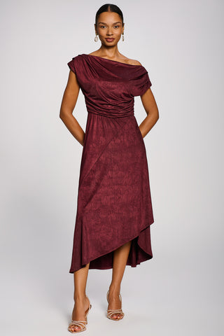 Asymmetrical Drap Textured Sheen Midi Dress, Burgundy