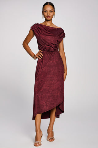 Asymmetrical Drap Textured Sheen Midi Dress, Burgundy