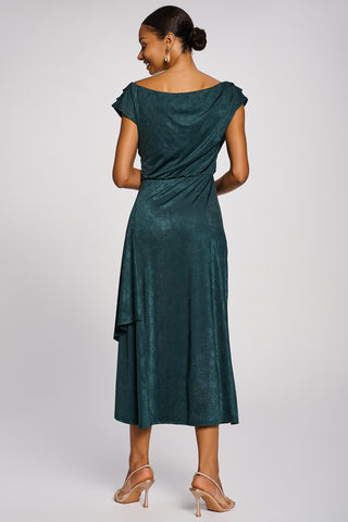 Asymmetrical Drap Textured Sheen Midi Dress, Dark Green