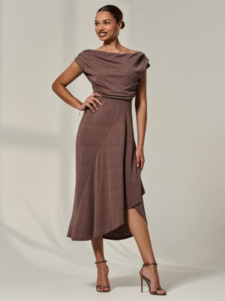 Asymmmetric Draped Midi Dress, Chocolate