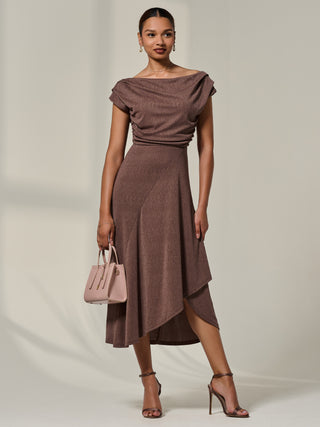 Asymmmetric Draped Midi Dress, Chocolate