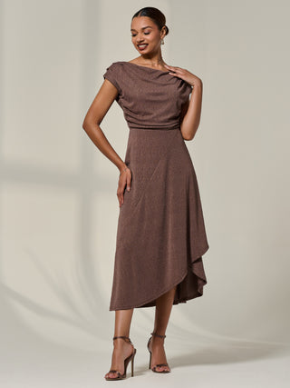 Asymmmetric Draped Midi Dress, Chocolate