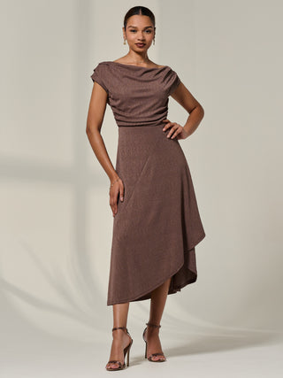 Asymmmetric Draped Midi Dress, Chocolate