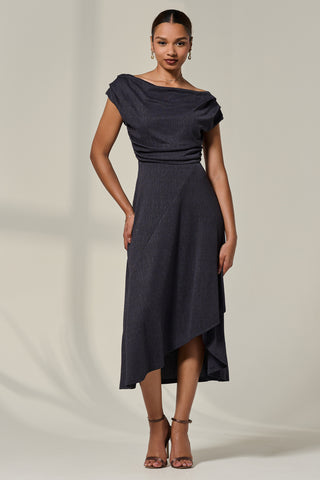 Asymmmetric Draped Midi Dress, Dark Grey