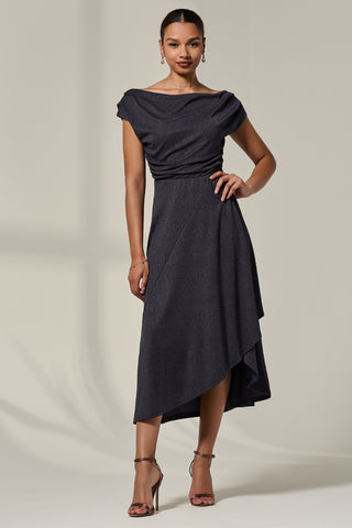 Asymmmetric Draped Midi Dress, Dark Grey