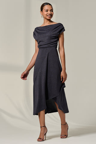 Asymmmetric Draped Midi Dress, Dark Grey