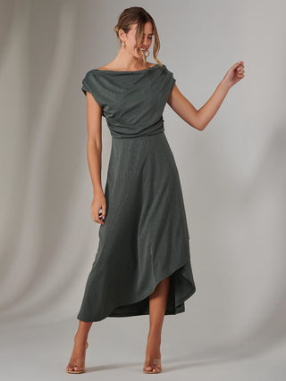 Asymmetric Draped Midi Dress, Khaki Jolie Moi Retail Asymmetric Draped Midi Dress, Khaki Jolie Moi Retail