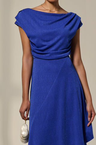 Asymmmetric Draped Midi Dress, Royal Blue