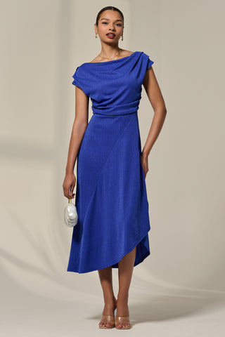 Asymmmetric Draped Midi Dress, Royal Blue