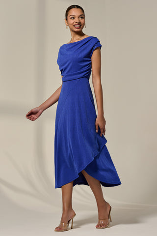 Asymmmetric Draped Midi Dress, Royal Blue