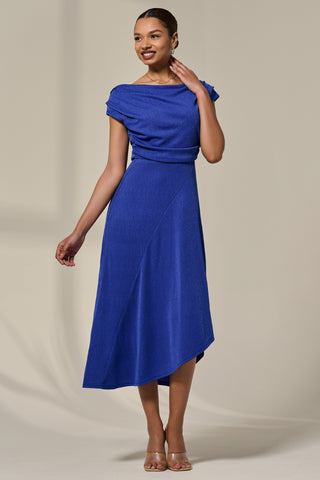 Asymmmetric Draped Midi Dress, Royal Blue