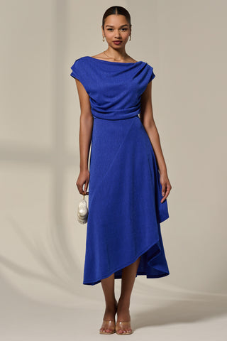 Asymmmetric Draped Midi Dress, Royal Blue