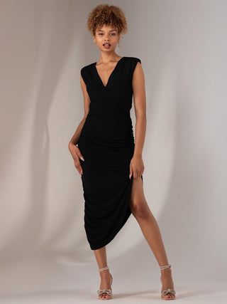 Katrina Sleeveless Ruched Bodycon Dress, Black