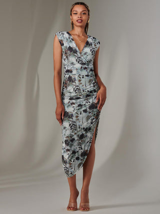 Katrina Sleeveless Ruched Bodycon Dress, Grey Abstract