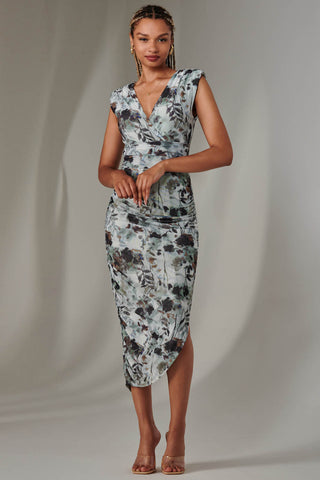 Abstract Ruched Asymmetric Bodycon Dress Grey Abstract