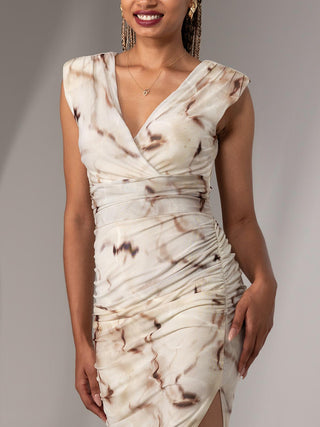 Katrina Sleeveless Ruched Bodycon Dress, Khaki Abstract