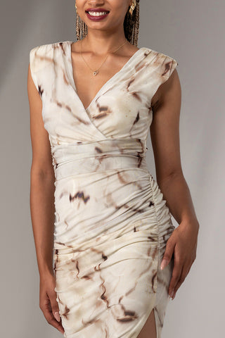 Abstract Ruched Asymmetric Bodycon Dress Khaki Abstract