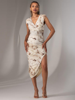 Katrina Sleeveless Ruched Bodycon Dress, Khaki Abstract