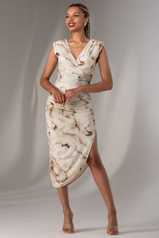 Abstract Ruched Asymmetric Bodycon Dress Khaki Abstract