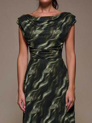 Asymmetric Draped Mesh Maxi Dress, Khaki Abstract