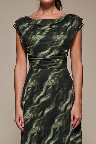 Asymmetric Draped Mesh Maxi Dress, Khaki Abstract