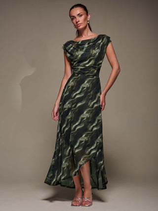 Asymmetric Draped Mesh Maxi Dress, Khaki Abstract