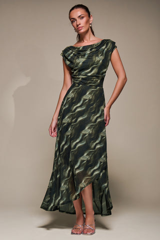 Asymmetric Draped Mesh Maxi Dress, Khaki Abstract