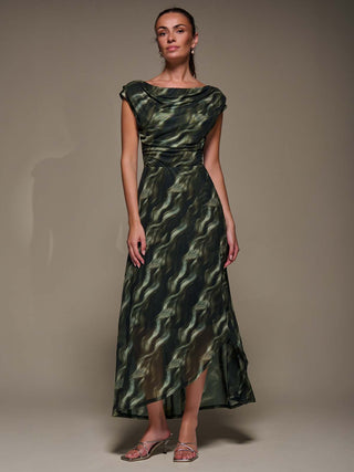 Asymmetric Draped Mesh Maxi Dress, Khaki Abstract