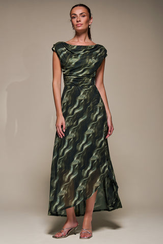 Asymmetric Draped Mesh Maxi Dress, Khaki Abstract