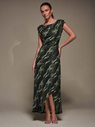 Asymmetric Draped Mesh Maxi Dress, Khaki Abstract