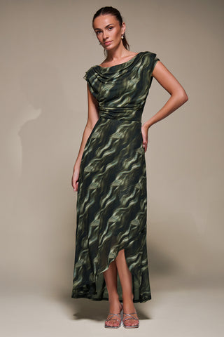 Asymmetric Draped Mesh Maxi Dress, Khaki Abstract