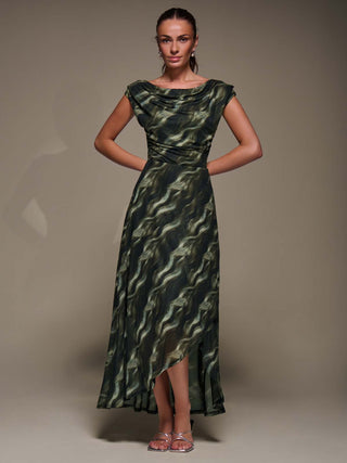 Asymmetric Draped Mesh Maxi Dress, Khaki Abstract