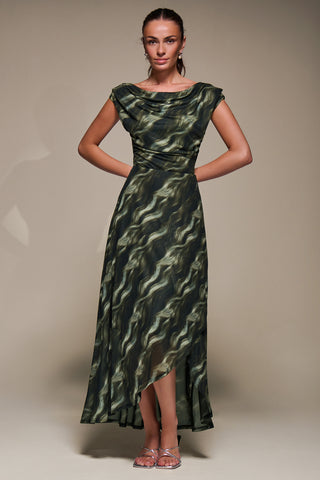 Asymmetric Draped Mesh Maxi Dress, Khaki Abstract