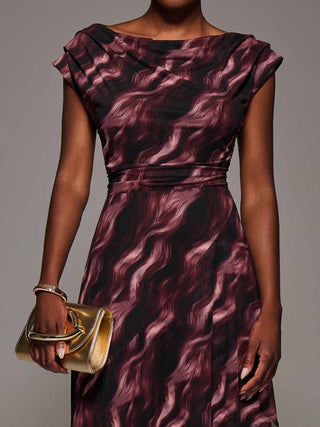 Asymmetric Draped Mesh Maxi Dress, Pink Abstract