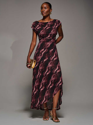 Asymmetric Draped Mesh Maxi Dress, Pink Abstract