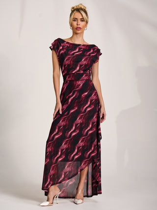 Asymmetric Draped Mesh Maxi Dress, Pink Abstract