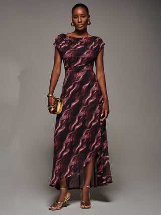 Asymmetric Draped Mesh Maxi Dress, Pink Abstract