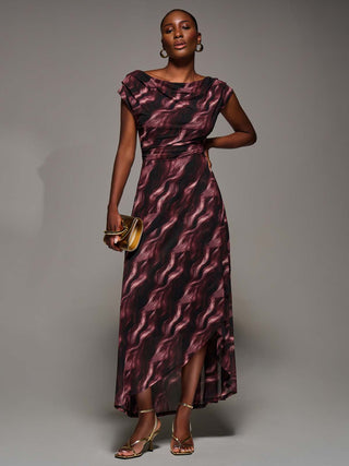 Asymmetric Draped Mesh Maxi Dress, Pink Abstract