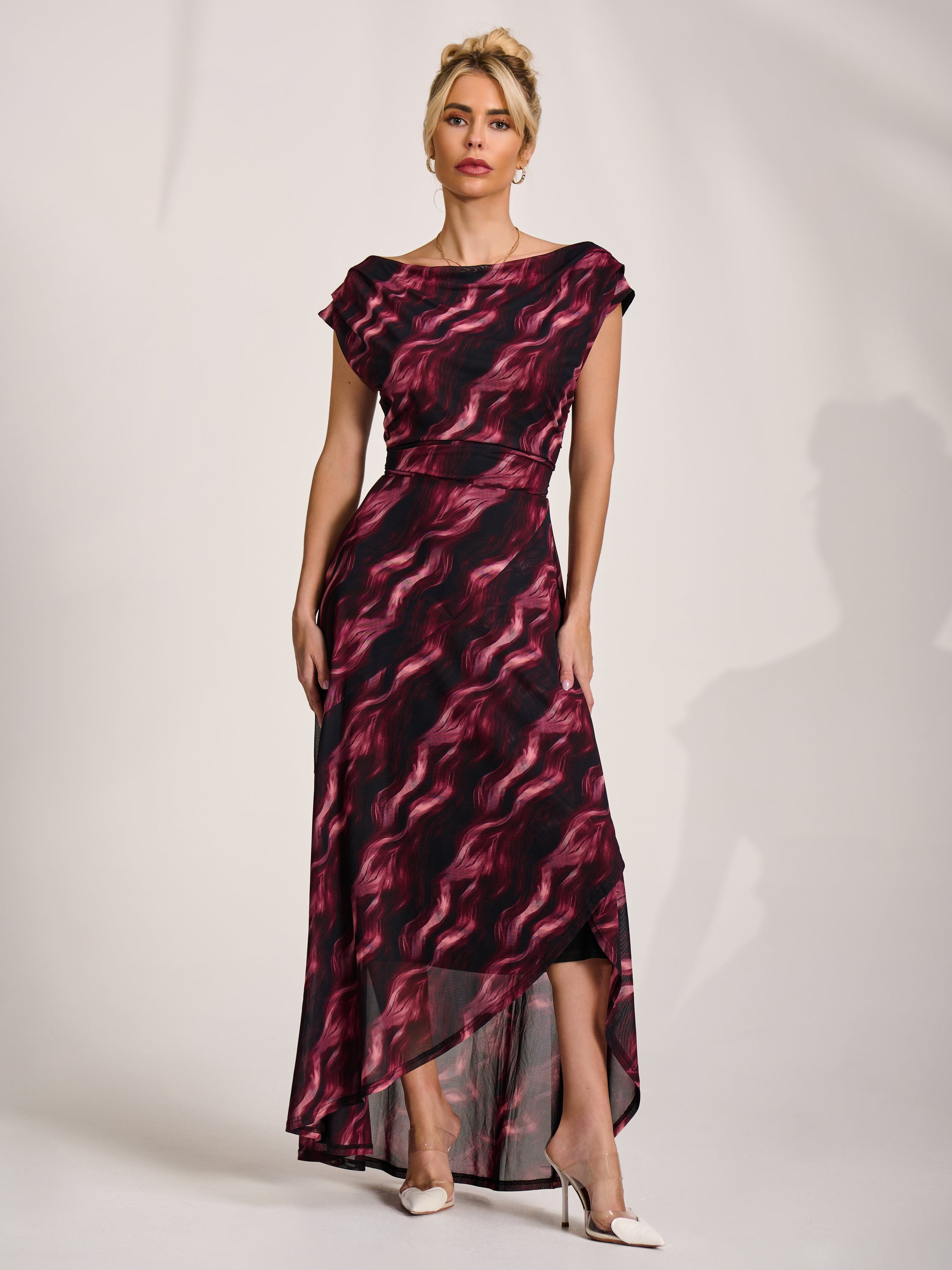 Asymmetric Draped Mesh Maxi Dress, Pink Abstract – Jolie Moi Retail