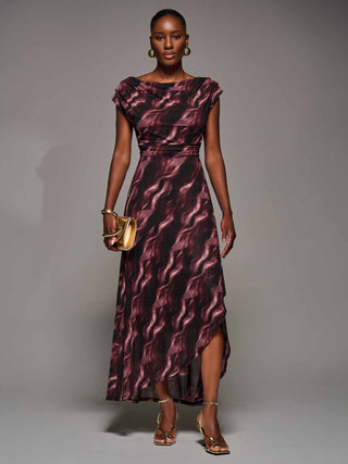 Asymmetric Draped Mesh Maxi Dress, Pink Abstract