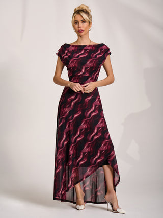 Asymmetric Draped Mesh Maxi Dress, Pink Abstract