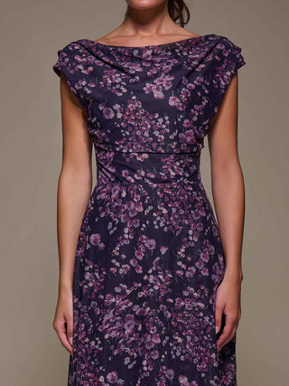 Asymmetric Draped Mesh Maxi Dress, Purple Floral