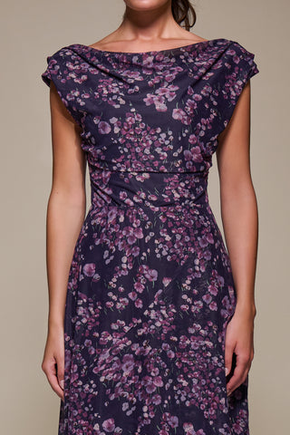 Asymmetric Draped Mesh Maxi Dress, Purple Floral