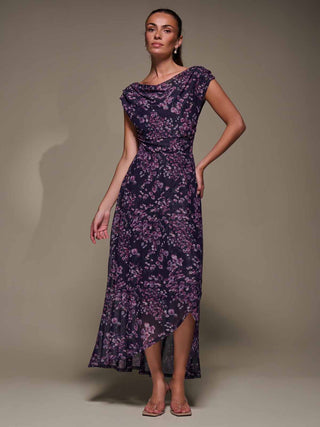 Asymmetric Draped Mesh Maxi Dress, Purple Floral