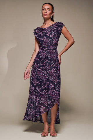 Asymmetric Draped Mesh Maxi Dress, Purple Floral