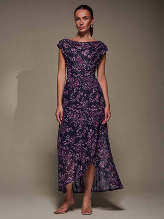 Asymmetric Draped Mesh Maxi Dress, Purple Floral