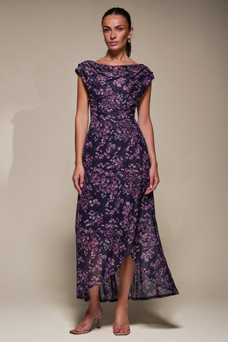 Asymmetric Draped Mesh Maxi Dress, Purple Floral